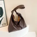 Dark brown large vintage tote bag with soft PU leather texture and knotted handle - Coffee
