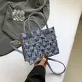 Blue denim checkered crossbody bag with fringe details and elegant metal chain strap - Denim Style / Plaid Blue