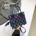Fashionable plaid mini tote bag with frayed fringe and dark blue leather handles - Multi-color Tweed Style / Colorful Plaid