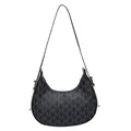 Retro black crescent shoulder bag with repeat letter print and golden zipper detail - Black