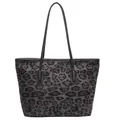 Grande borsa tote con stampa leopardata grigia e sottili spalline in pelle nera - Viola Grigio