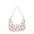 Corduroy crescent underarm bag with strawberry print and pearl beaded strap - Faux Pearl Handle Style / Pearl White