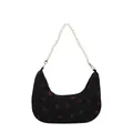 Black corduroy crescent shoulder bag with red strawberry embroidery and pearl handle - Faux Pearl Handle Style / Pearl Black