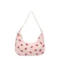 Pink corduroy crescent bag with strawberry print and pearl strap for daily style - Faux Pearl Handle Style / Pearl Pink