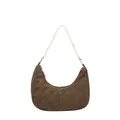 Brown corduroy hobo bag with strawberry embroidery and white pearl shoulder strap - Faux Pearl Handle Style / Pearl Brown