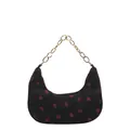 Black corduroy crescent bag with red strawberry print and gold chain strap - Black Chain
