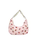 Pink corduroy crescent bag with strawberry prints and a golden chain handle - Pink Chain