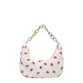 Beige corduroy crescent bag with sweet strawberry print and gold chain handle - Chain White