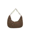 Brown corduroy crescent shoulder bag with red strawberry embroidery and gold chain strap - Brown Chain Design