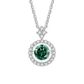 Macro detail of silver necklace featuring round green gemstone with halo diamond border - 1 Carat (6.5mm) / Emerald Green