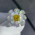 Radiant cut yellow carbon diamond ring with teardrop petals in S925 sterling silver - Size 5 / Yellow/Silver
