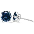 Detail van donkerblauwe ronde moissanite oorknopjes met klassieke zilveren 4-klauwszetting - Stud oorbellen / 1 Karaat * 2 / Zilver Saffierblauw
