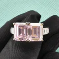 Double emerald cut pink diamond ring in 925 sterling silver with step cut side stones - Size 5 / Double Emerald Cut Style / Large Stone / Pink