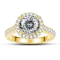 Detailed macro view of 1 carat moissanite halo ring set in gold plated sterling silver - 100-Facet Cut