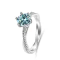Detail view of S925 silver ring featuring blue moissanite in six-prong petal setting - Size 5 / Original Blue