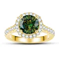 Détail macro d'une bague moissanite verte de 1 carat sur un anneau en argent doré S925 - Taille 6 / Vert Foncé
