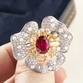 Floral S925 silver ring with oval red ruby and sparkling VVS high carbon diamonds - Size 5 / Ruby Red