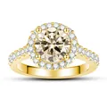 Macro shot of 1ct champagne moissanite ring with halo and gold plated S925 silver band - Original Yellow