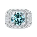 Herrenring aus S925 Silber mit großem blauen Moissanit in luxuriöser Pavé-Fassung - Einstellbar Offen / 1 ct / Blau