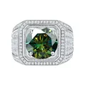 Herrenring S925 Silber mit großem grünem Moissanit und achteckigem Heiligenschein - Einstellbar Offen / 1 ct / Dunkelgrün