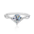 S925 sterling silver moissanite ring with round center stone and twisted diamond band - Size 5 / White (Hearts and Arrows)