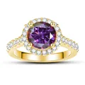 S925 silver 1ct purple moissanite halo ring with gold finish and side stones - Fuschia