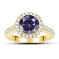 1ct round purple moissanite ring with halo diamonds and gold-plated S925 silver band - Violet Blue