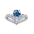 Ring aus 925er Silber mit 1 Karat blauem Moissanit und V-förmigem Band im Kronendesign - US 5 / Saphirblau
