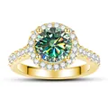 1ct round green moissanite halo ring with side stones on a gold S925 silver band - Teal