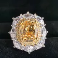 Luxury 8ct cushion-cut yellow diamond halo ring in sterling silver with floral design - Size 5 / Yellow