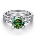 Bague en argent S925 avec moissanite verte ronde et anneau serti de deux rangées - Vert Foncé