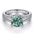 Bague classique en argent S925 avec moissanite bleue 1ct et double rang de diamants - Taille 5 / Bleu sarcelle
