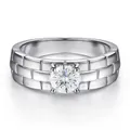 Classic S925 silver moissanite ring with unique triple-layer brick pattern band - Size 5 / White