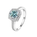Anello in argento S925 con moissanite blu tonda e halo di diamanti su fascia con pavé - Blu Originale