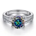 Bague classique en argent S925 avec moissanite 1 carat aux reflets et double rangée - Taille 5 / Arc-en-ciel