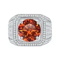 Herrenring aus S925 Sterlingsilber mit großem orangefarbenem Moissanit und Pavé-Diamanten - Einstellbar Offen / 1 ct / Glücksrot