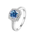Anello in argento sterling S925 con gemma blu a taglio tondo e accenti di diamanti - Blu zaffiro