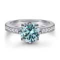 Δαχτυλίδι S925 ασήμι με γαλάζιο στρογγυλό moissanite σε πολυτελή βάση με έξι δόντια - Μέγεθος 5 / Αυθεντικό Μπλε