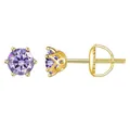 Elegant gold S925 silver stud earrings featuring round purple moissanite in six-prong setting - Gold-Light Purple