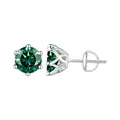 Classic silver stud earrings with round dark green moissanite in six-prong setting - Silver-Emerald Green