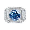 Luxuriöser S925 Sterlingsilber Ring mit großem runden tiefblauen Edelstein für Herren - Einstellbar Offen / 1 Karat Königsblau