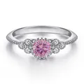 Elegant s925 silver ring featuring a round pink moissanite stone in a floral halo setting - Size 5 / Pink