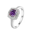 Anello in argento S925 con gemma viola tonda e incastonatura di diamanti tipo halo - viola-rosso