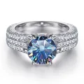 S925 sterling silver ring with 0.5ct round blue moissanite and pavé diamond band - Size 5 / Sapphire Blue