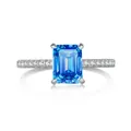 Bague en argent S925 avec moissanite taille émeraude et sertissage pavé - Bleu Roi Clair