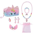 Cute unicorn plush cosmetic bag and 8-piece jewelry set with rainbow beads for girls - Unicorn Jewelry Bag Set / Pink