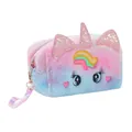 Borsa cosmetica in peluche unicorno con pelliccia sintetica colorata e corno glitter arcobaleno - Rosa