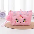 Astuccio in peluche unicorno rosa con ricamo arcobaleno e manico iridescente colorato - Rosa