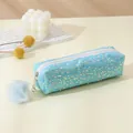 Estuche de lentejuelas azules brillantes con cremallera blanca y pompón suave de felpa - Azul