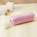 Estuche escolar con lentejuelas arcoíris brillantes y un llavero de pompón suave - Rosa
